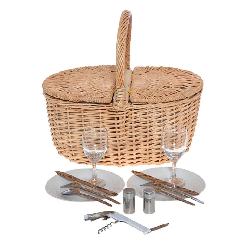 Light Yellow Color Outdoor Picnic Basket For 2 People Kitchen Box With 2 Plates Glasses Forks Dinnerware Double Covers 1