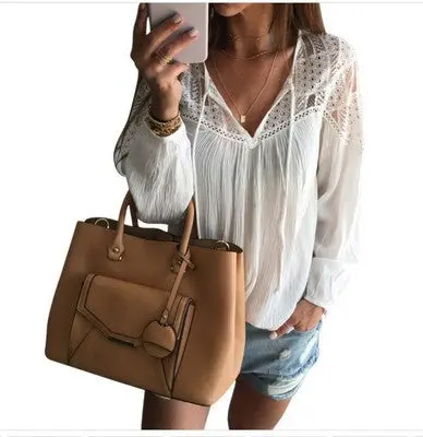 Ling Women Hollow Out Chiffon Blouse Sexy Long Sleeve Shirts Lady Casual V-Neck Loose Blusas With Strap M0227 1