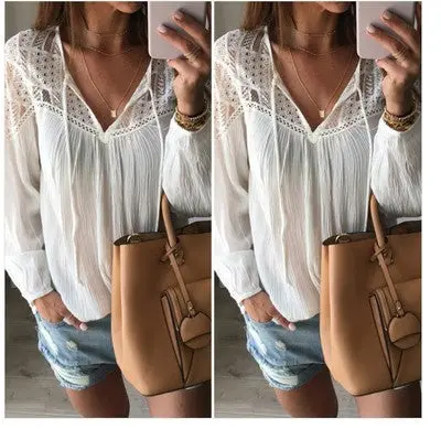 Ling Women Hollow Out Chiffon Blouse Sexy Long Sleeve Shirts Lady Casual V-Neck Loose Blusas With Strap M0227 3