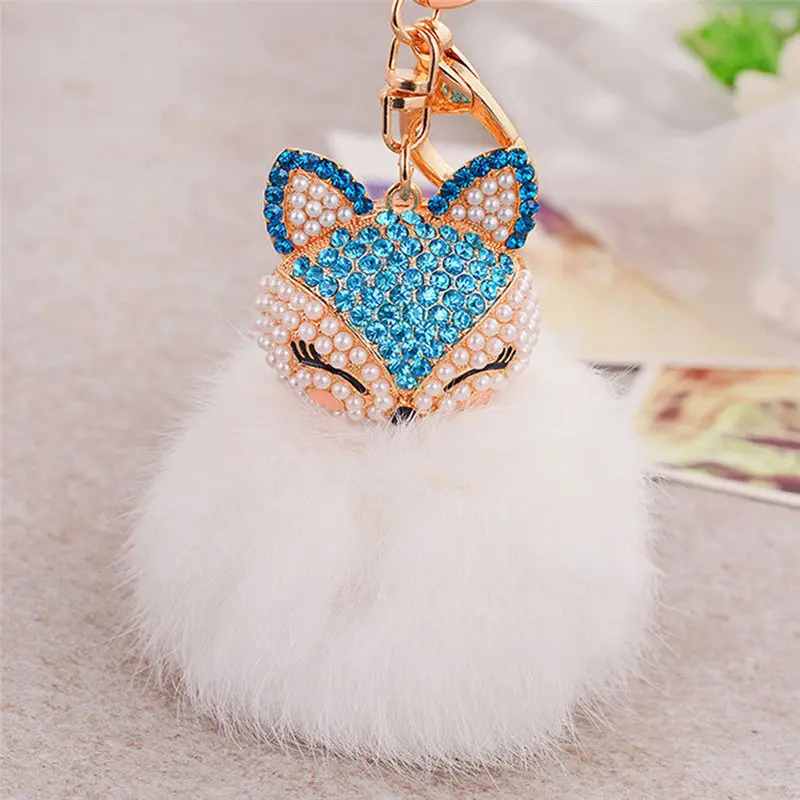Llaveros Mujer Fur Ball With Artificial Fox Head Porte Clef Inlay Pearl Rhinestone Key Chain On Women Bag Feida 1