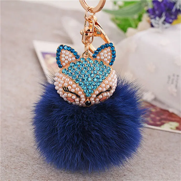Llaveros Mujer Fur Ball With Artificial Fox Head Porte Clef Inlay Pearl Rhinestone Key Chain On Women Bag Feida 2