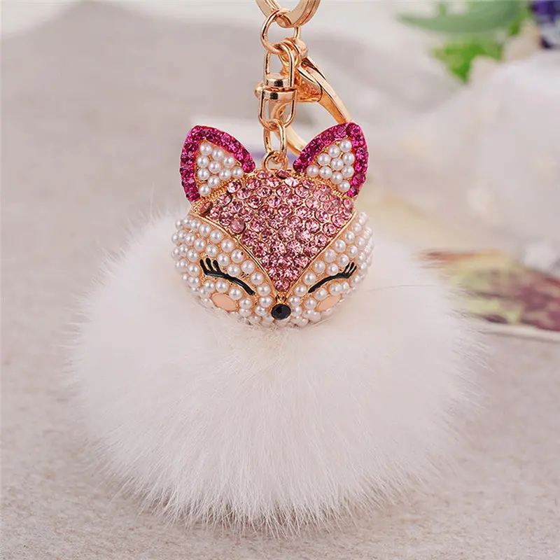 Llaveros Mujer Fur Ball With Artificial Fox Head Porte Clef Inlay Pearl Rhinestone Key Chain On Women Bag Feida 3