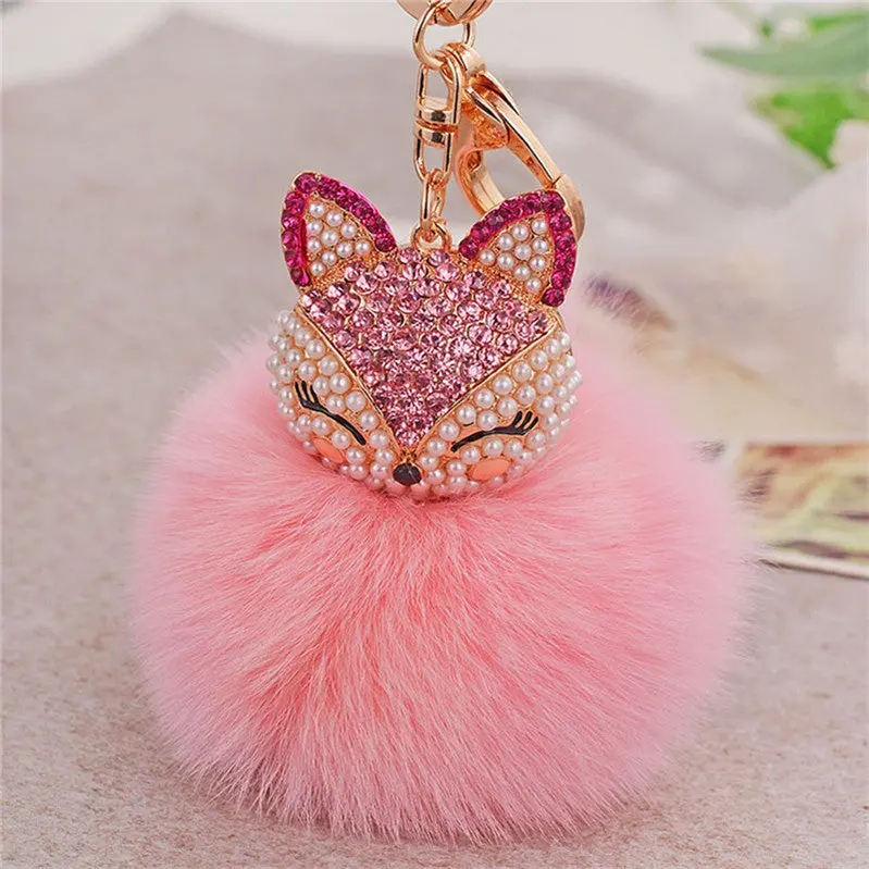 Llaveros Mujer Fur Ball With Artificial Fox Head Porte Clef Inlay Pearl Rhinestone Key Chain On Women Bag Feida 4