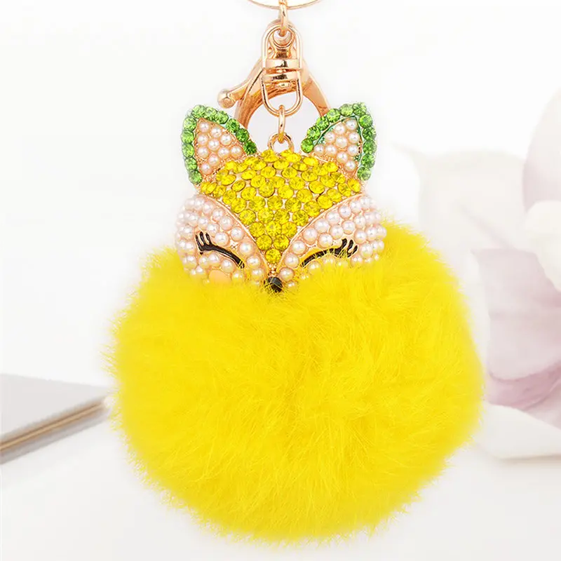 Llaveros Mujer Fur Ball With Artificial Fox Head Porte Clef Inlay Pearl Rhinestone Key Chain On Women Bag Feida 5