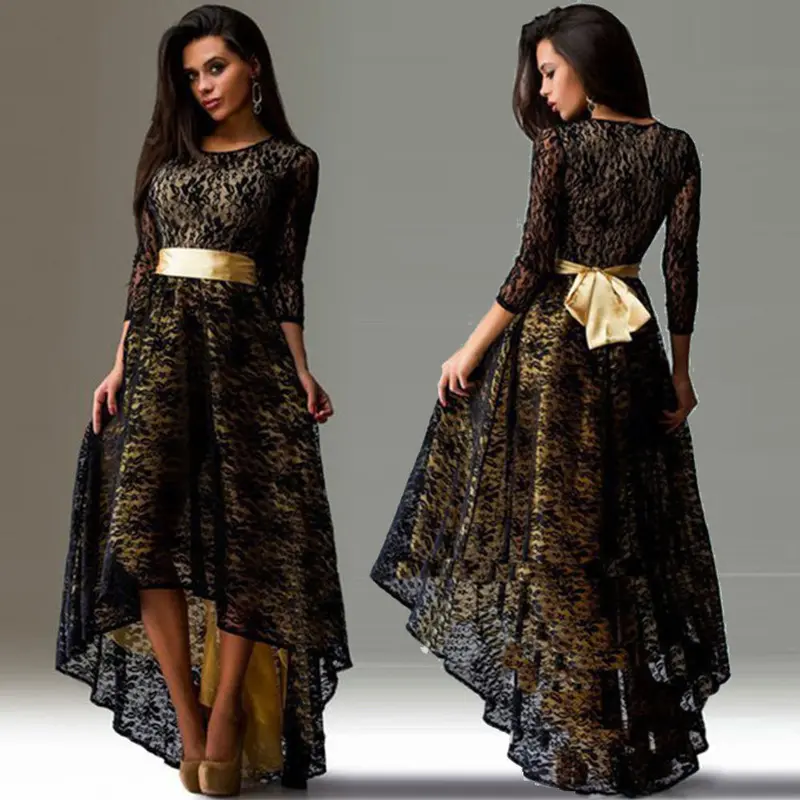 Long Dress Sexy Women Dresses Three Quarter Long Maxi Lace Dress Prom Ballgowns Asymmetrical Hem Vestidos M0100 1