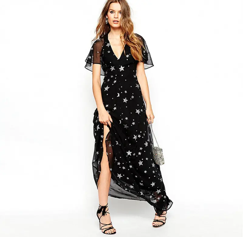 Long Dress Women's Sexy Backless Stars Printing Chiffon Dress Womens Clothing Plus Size Feida 1