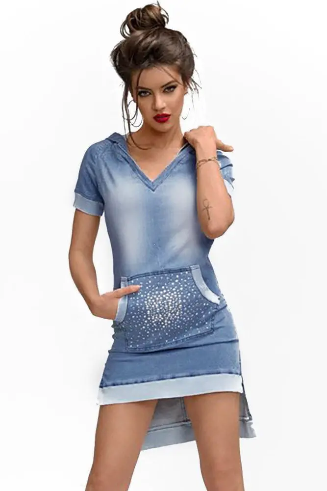 Long Front Back Short Denim Dress With Pocket And Hooded Short Sleeve Mini Dress Sexy Club Wear 1