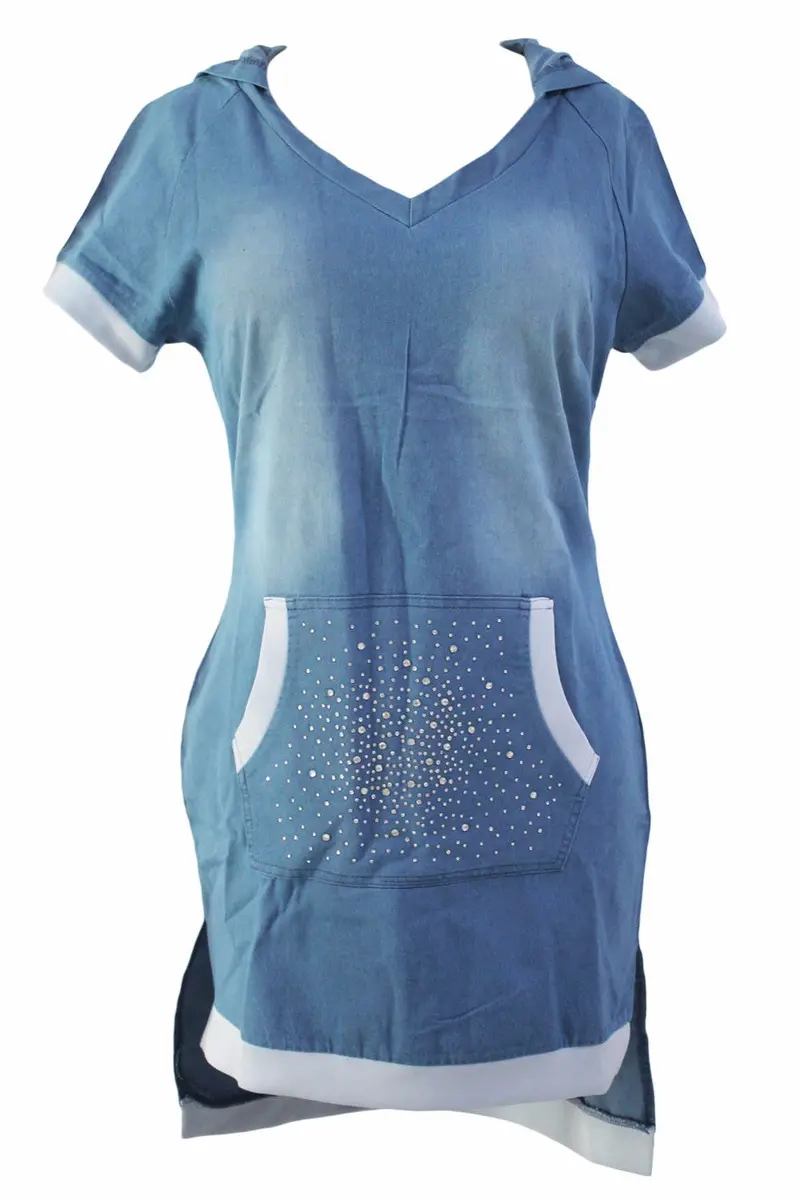 Long Front Back Short Denim Dress With Pocket And Hooded Short Sleeve Mini Dress Sexy Club Wear 3