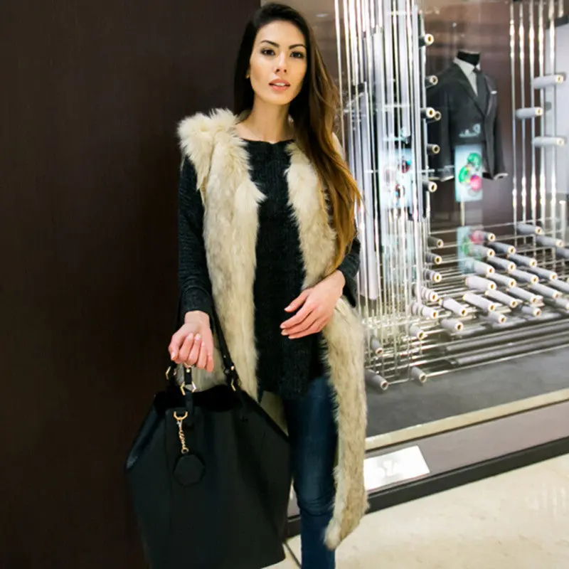Long Hairy Faux Fox Fur Extra Long Coat Long Hairy Shaggy V Neck Sleeveless Furry Warm Faux Fur Jacket Outwear Waistcoat 4