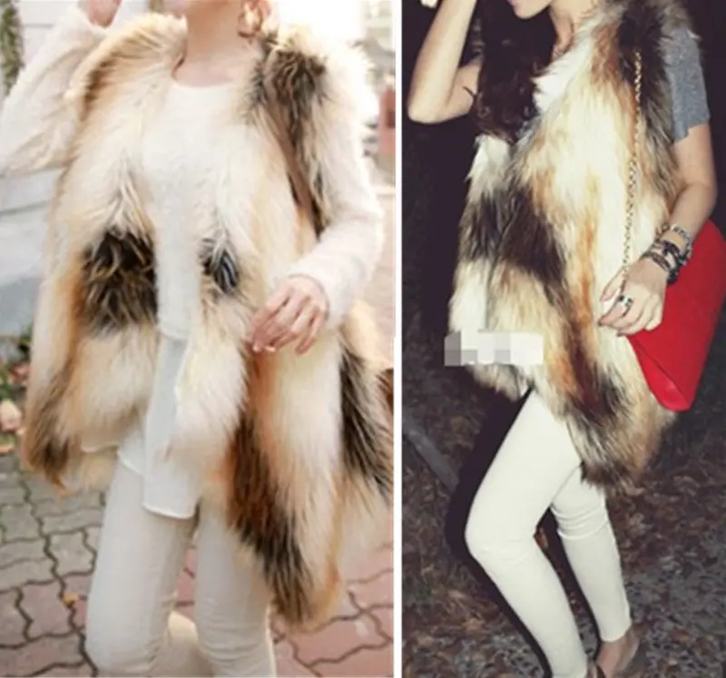 Long Hairy Faux Fox Fur Irregular Vest Gradient Furry Shaggy Contrast Color Gilet Waistcoat Outerwear 3