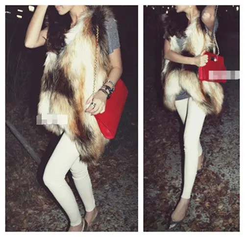 Long Hairy Faux Fox Fur Irregular Vest Gradient Furry Shaggy Contrast Color Gilet Waistcoat Outerwear 4