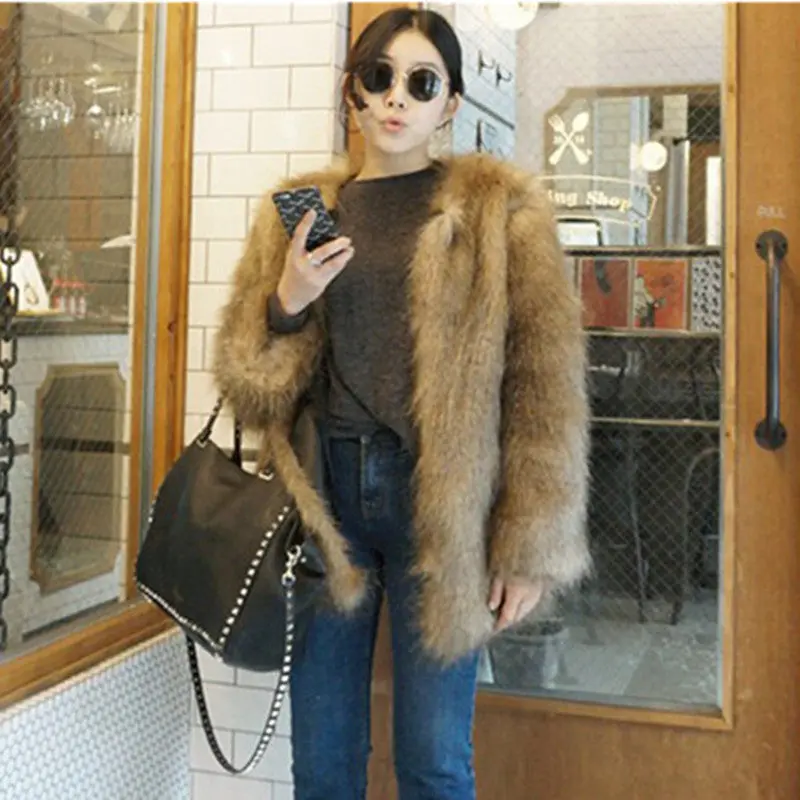 Long Hairy Shaggy Faux Fox Fur Coat Women O Neck Gradual Color Faux Fur Mid Long Coat Warm Outerwear 2