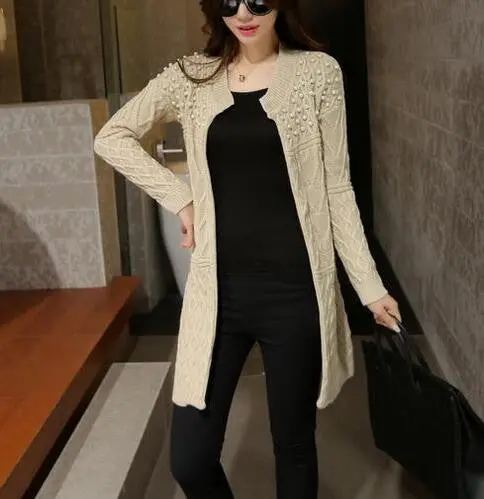 Long Knitted Sweater Cardigan Women Bead Pearl Long Sweaters Outwear Long Sleeve Casual Cardigan Gv272 1