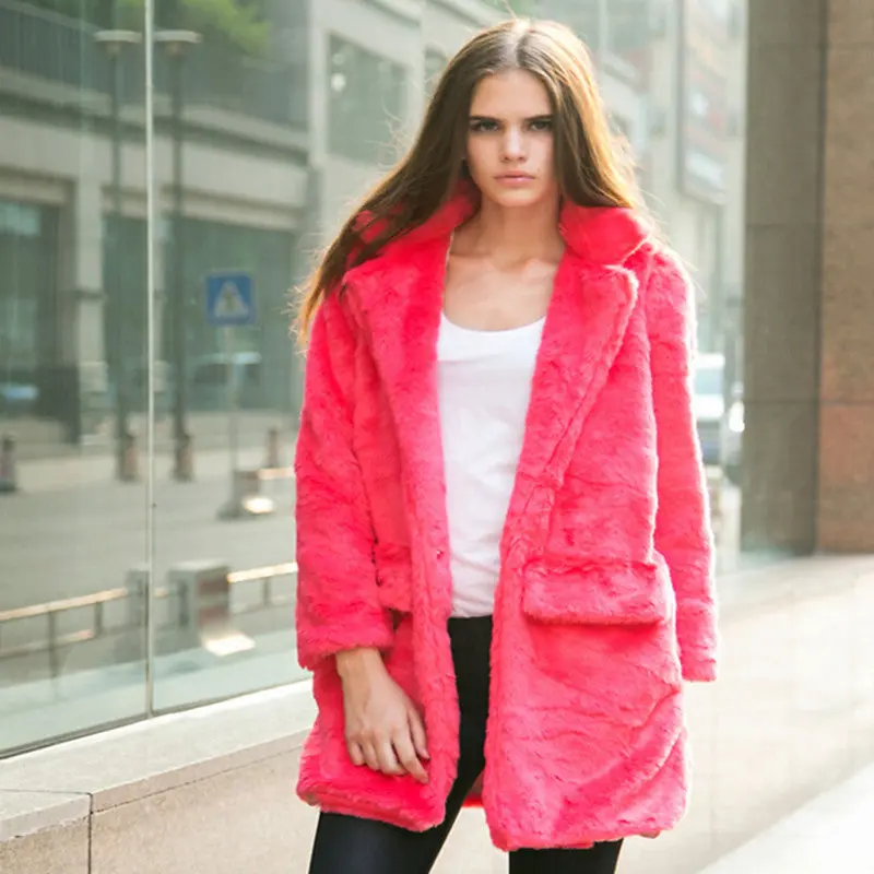 Long Shaggy Faux Rabbit Fur Coat with Notched Lapels, Full Sleeves, and Five Color Options