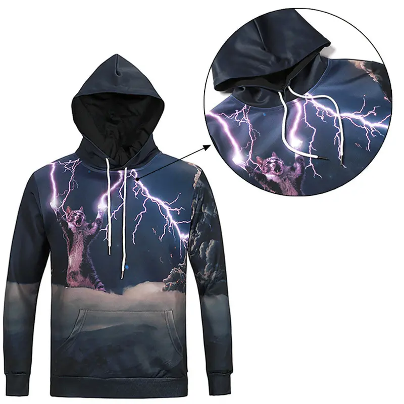Long Sleeve 3D Print Flashing-Lightning-Cat Hoody Sweatershirts With Hat Pullover Sportwear L6009 3