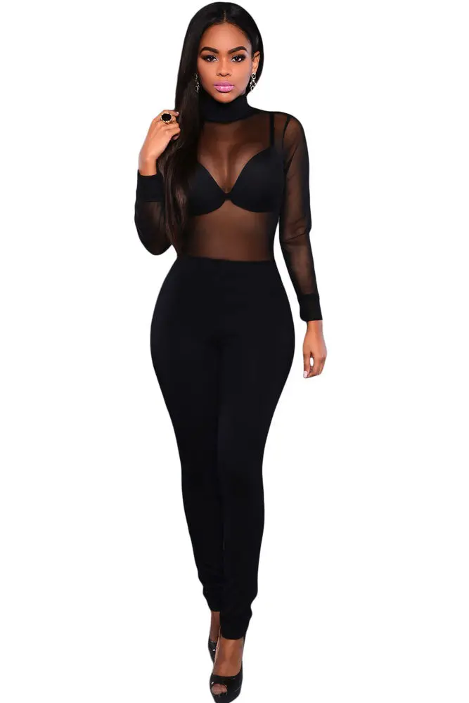 Long Sleeve Backless Bodycon Jumpsuit Long Pants Sexy Black Club Mesh Jumpsuit Turtleneck Sexy Romper For Overalls 1