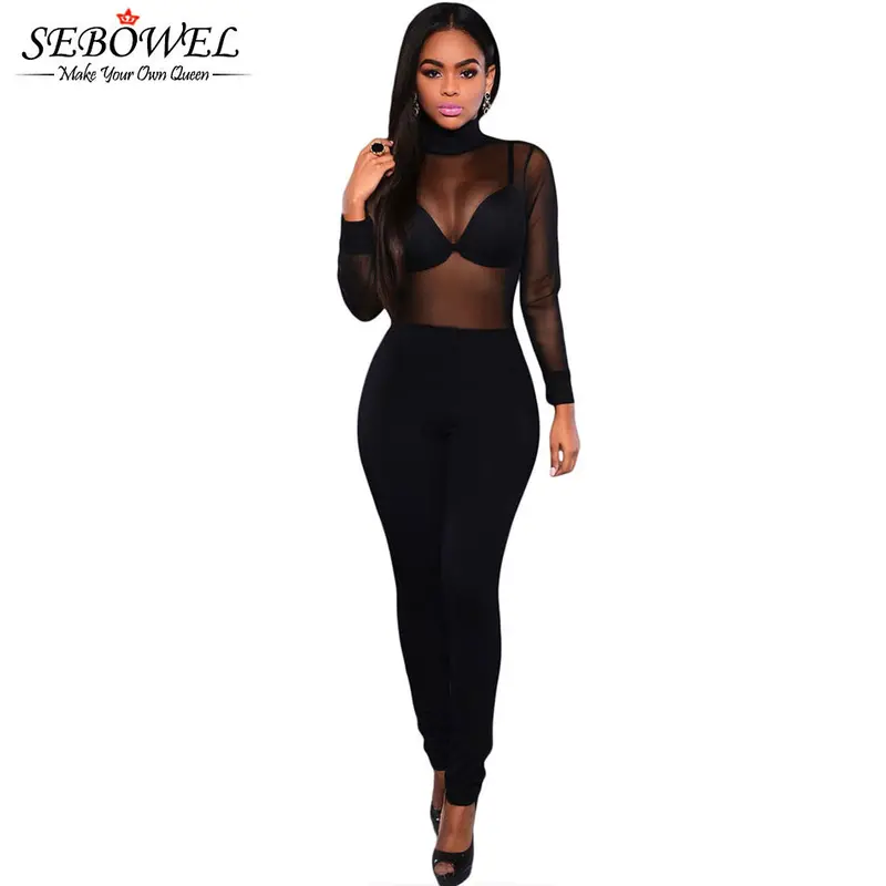Long Sleeve Backless Bodycon Jumpsuit Long Pants Sexy Black Club Mesh Jumpsuit Turtleneck Sexy Romper For Overalls 2