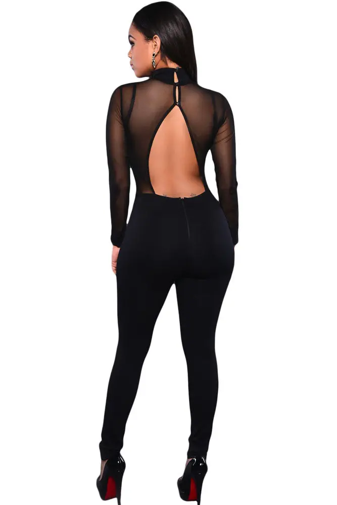 Long Sleeve Backless Bodycon Jumpsuit Long Pants Sexy Black Club Mesh Jumpsuit Turtleneck Sexy Romper For Overalls 3