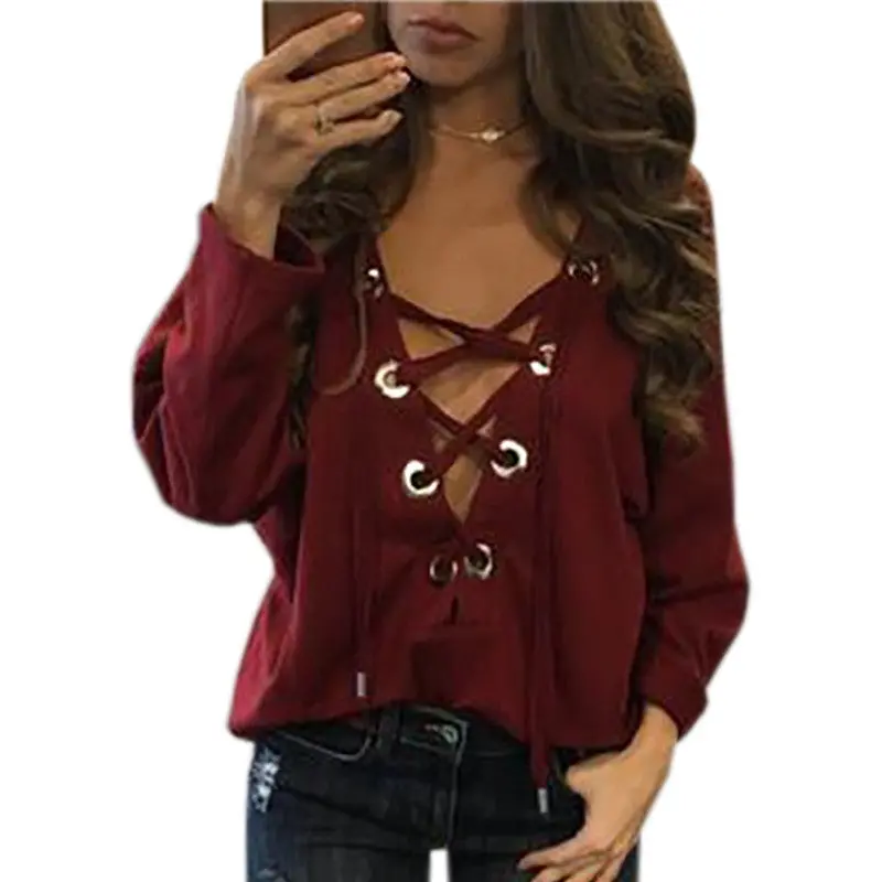 Long Sleeve Blouses Shirt Femme Bandage Tops Women Deep V-Neck Shirts Casual Bandage Shirts Plus Size Gv430 5