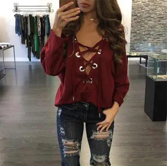 Long Sleeve Blouses Shirt Femme Bandage Tops Women Deep V-Neck Shirts Casual Bandage Shirts Plus Size Gv430 7