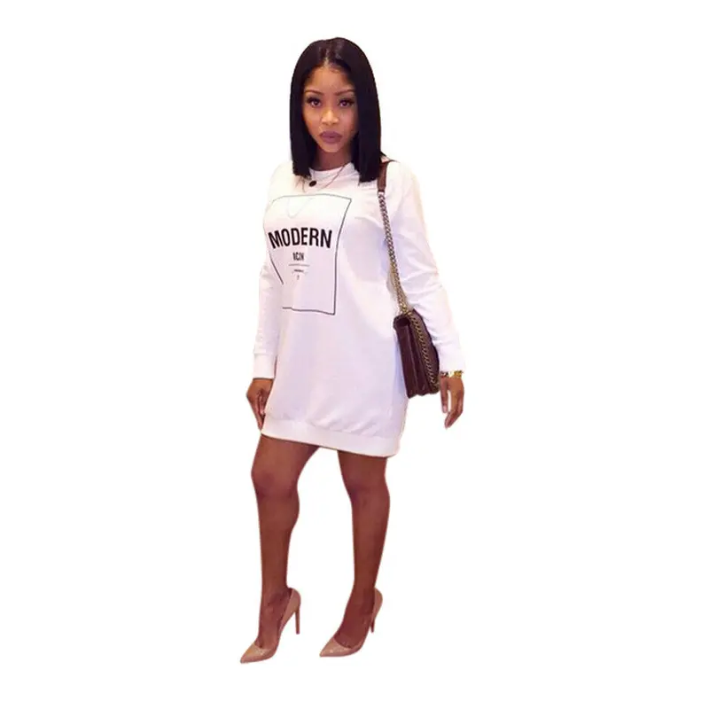Long Sleeve Casual Dress Women Letter Print Bodycon Dress Mini Plus Size Women Clothing White Dress 2