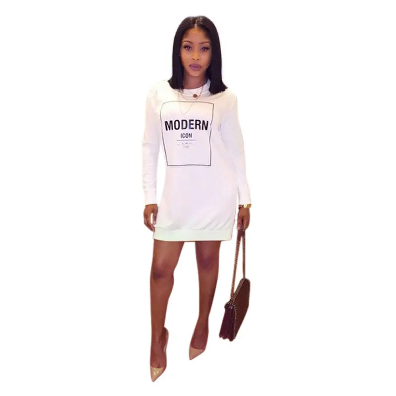 Long Sleeve Casual Dress Women Letter Print Bodycon Dress Mini Plus Size Women Clothing White Dress 3