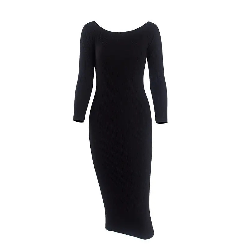 Long Sleeve Dress Off Shoulder Knitted Dress Elegant Knee-Length Sexy Bodycon Dress Slash Neck Sweater Dresses Femme 1