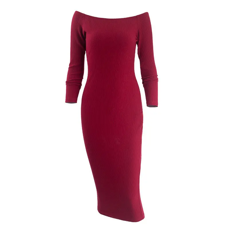 Long Sleeve Dress Off Shoulder Knitted Dress Elegant Knee-Length Sexy Bodycon Dress Slash Neck Sweater Dresses Femme 10