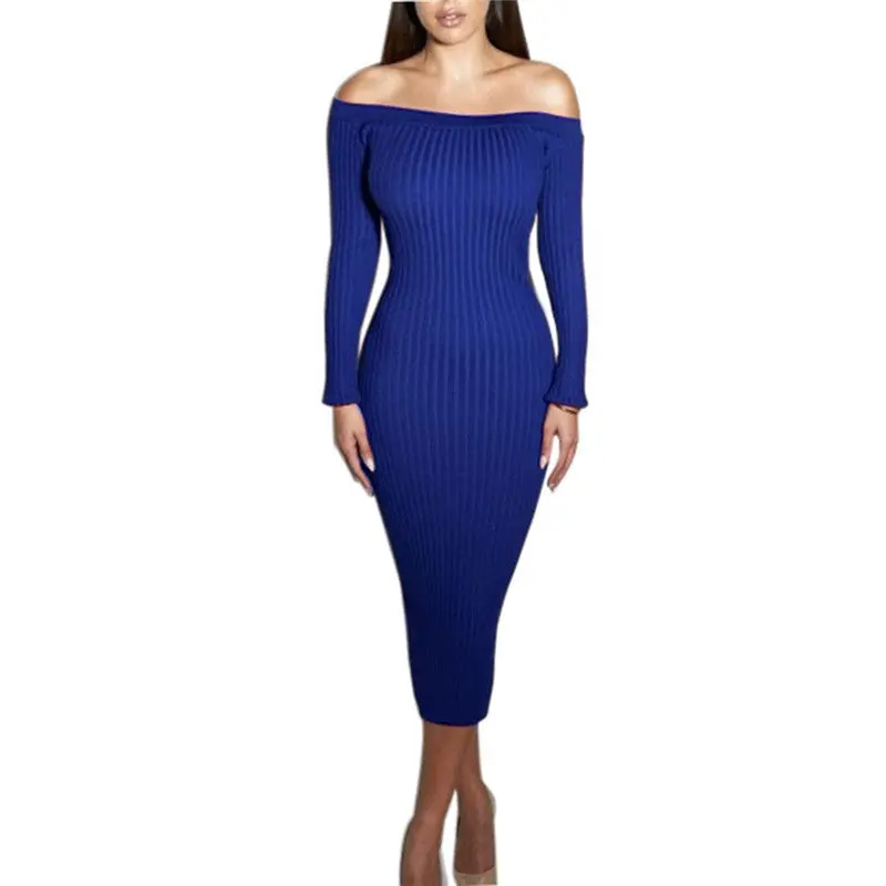 Long Sleeve Dress Off Shoulder Knitted Dress Elegant Knee-Length Sexy Bodycon Dress Slash Neck Sweater Dresses Femme 4