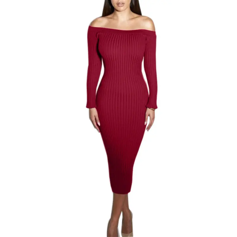 Long Sleeve Dress Off Shoulder Knitted Dress Elegant Knee-Length Sexy Bodycon Dress Slash Neck Sweater Dresses Femme 5