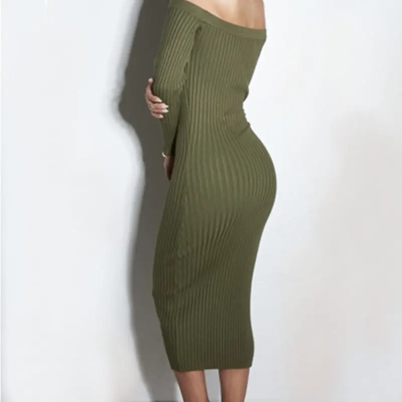 Long Sleeve Dress Off Shoulder Knitted Dress Elegant Knee-Length Sexy Bodycon Dress Slash Neck Sweater Dresses Femme 7