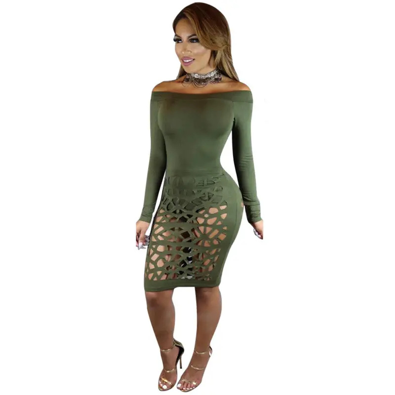 Long-Sleeve Hollow-Out Bandage Dress – Slash Neck, Party-Ready Bodycon Style in Extended Sizes