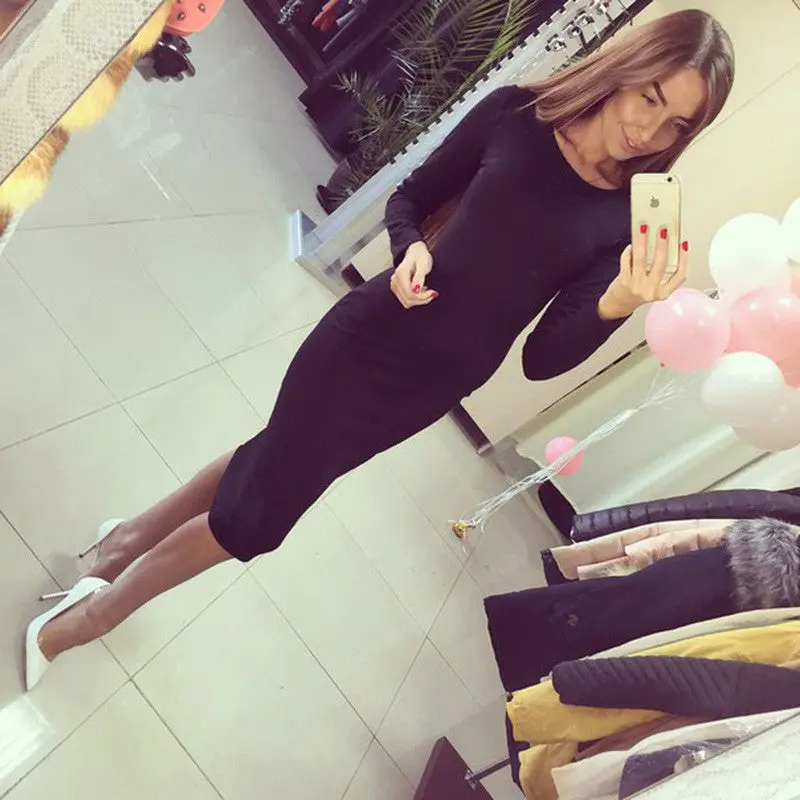 Long Sleeve Knee Length Midi Dress Slim Bodycon Bandage Black Wine Red Women Dresses Bandage Vestidos 1