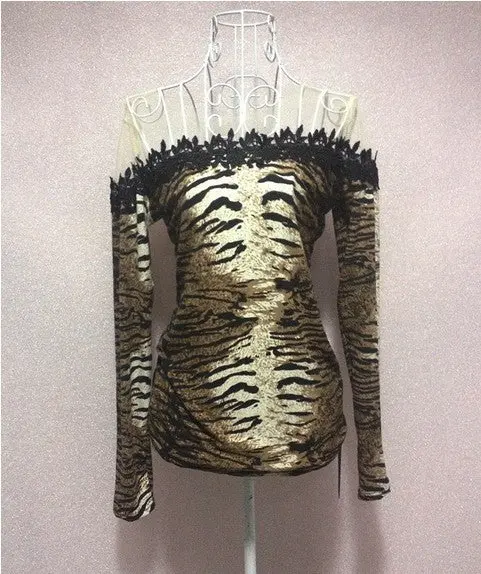 Long Sleeve Leopard Print Women Blouse Sexy Mesh Patchwork Lace Embroidery Blusas Floral Women Tops Blusa Feminina 1