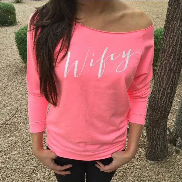 Long-Sleeve Letter-Print Tee – Slash-Neck Casual T-Shirt for Women