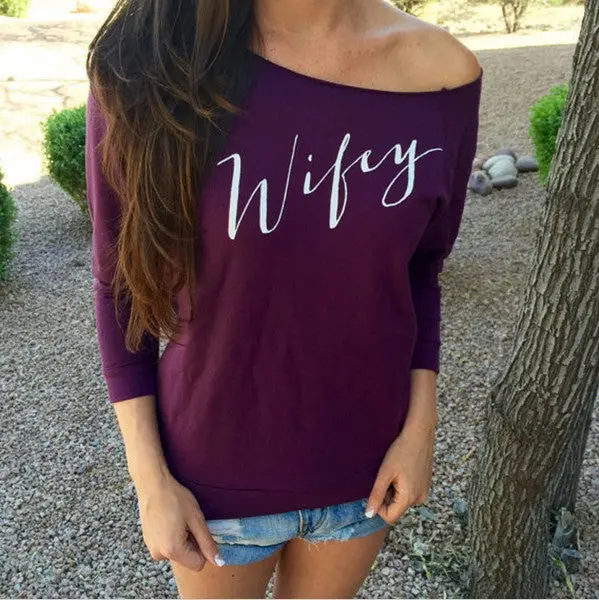 Long-Sleeve Letter-Print Tee – Slash-Neck Casual T-Shirt for Women