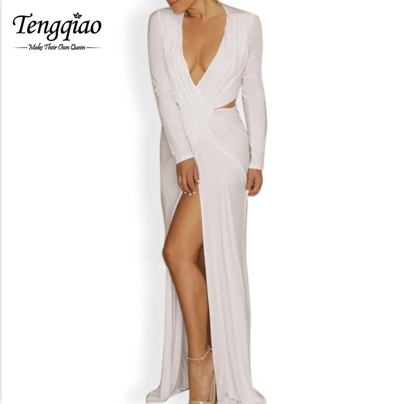 Long Sleeve Maxi Dress Deep V-Neck Floor Length Long White Dress Open Side Split Long Maxi Dress Long Sleeve 2