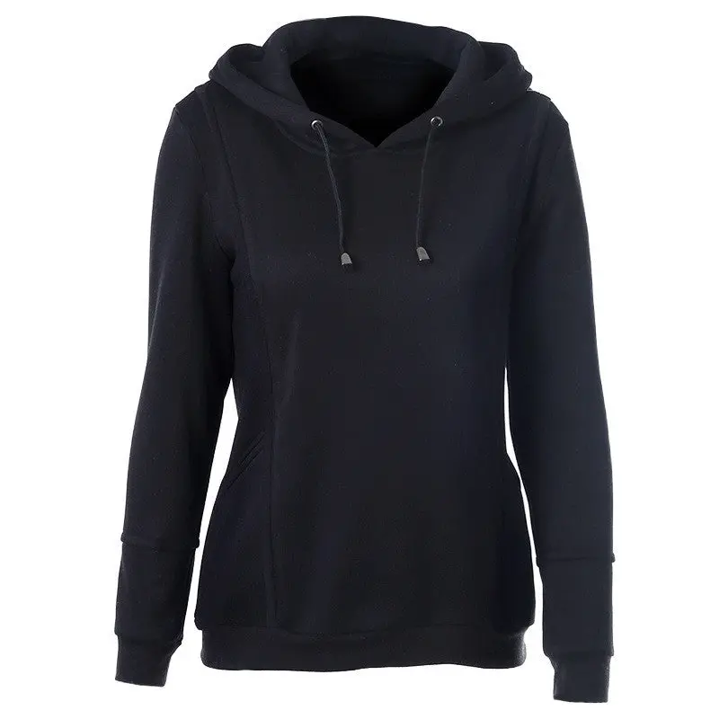 Long Sleeve O-Neck Solid Hoodies Sweatshirt With Hat Black Color Women Pullocers X0382 1