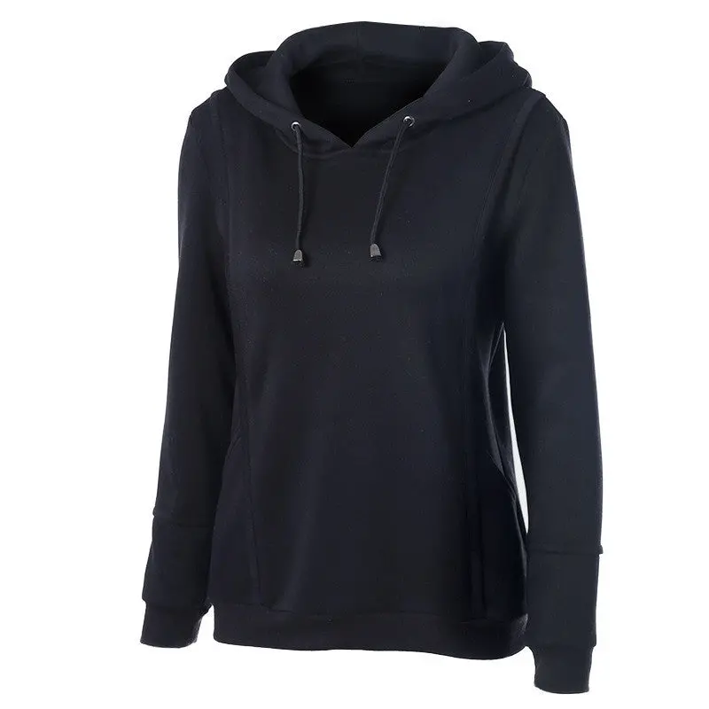 Long Sleeve O-Neck Solid Hoodies Sweatshirt With Hat Black Color Women Pullocers X0382 2