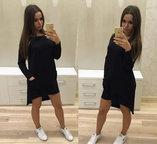 Long Sleeve Pockets Irregular Dresses Plus Size Women Dresses Q0254 1