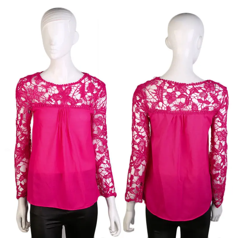Long Sleeve Rose Red Hollowed Lace Designcloth Blouse Patchwork Shirt With Rose Red Color 1