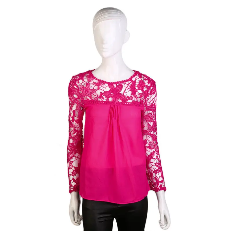 Long Sleeve Rose Red Hollowed Lace Designcloth Blouse Patchwork Shirt With Rose Red Color 2