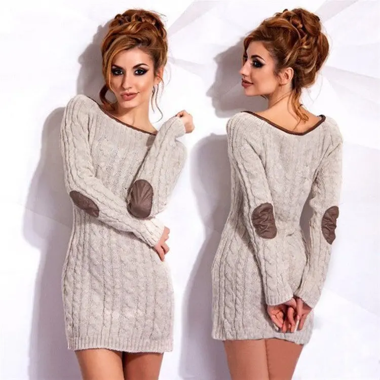 Long Sleeve Round Collar Women Knitted Dress Plus Size Contrast Colour Casual Sweater Dresses Lx207 1