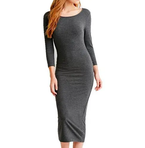 Long-Sleeve Scoop-Neck Bodycon Dress – Office-Ready Pencil-Style Midi Work Dress