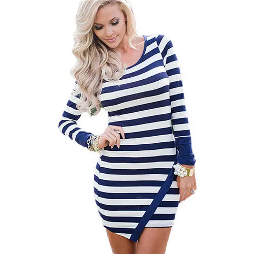 Long Sleeve Striped Dress Casual O Neck Dress Robe Femme Slim Sexy Bodycon Dress Mini Wrap Vestidos 1