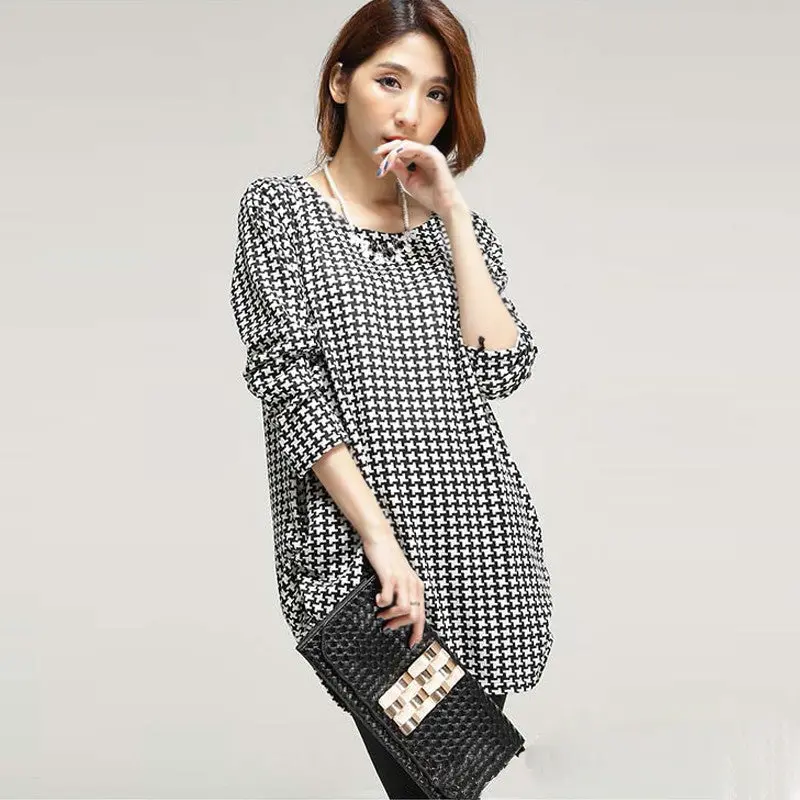 Long Sleeve T Shirt Women Fashion Print O Neck Casual Loose Top Black Small Plaid Camisetass 1