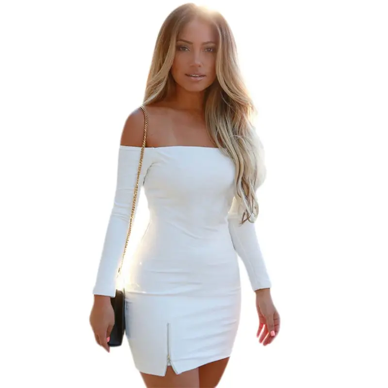 Long Sleeve Vestidos Dresssexy Slash Neck Collars Dress Side Split Office Bodycon Dress 1