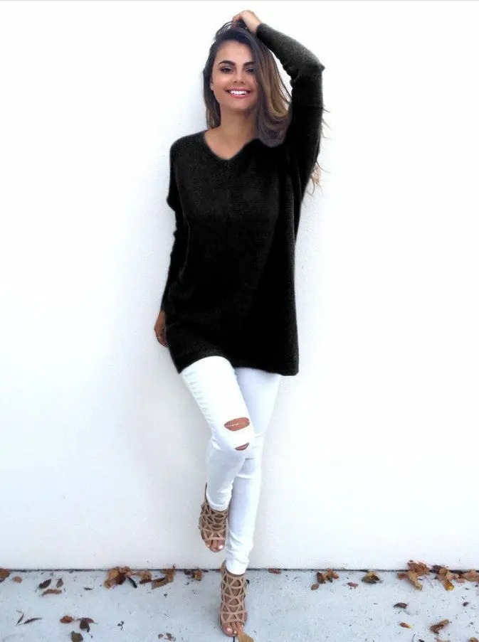 Long Style Pullover Women's Knitting Sweater V Neck Loose Pullovers Knitted Sweater 1