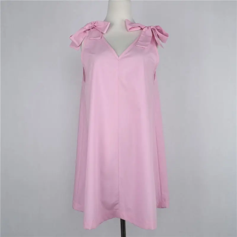 Loose Dress Bow Off Shoulder Casual Women Dress Sexy V Neck Sleeveless Mini Dresses Plus Size Lady Dress Pink 1