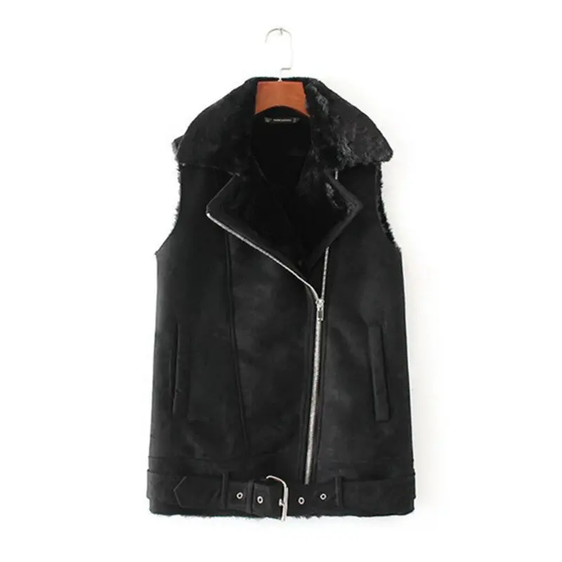 Loose Faux Fur Collar Faux Suede Vest Women Adjustable Waist Pockets Loose Faux Fur Sleeveless Suit Gilet Waistcoat 1